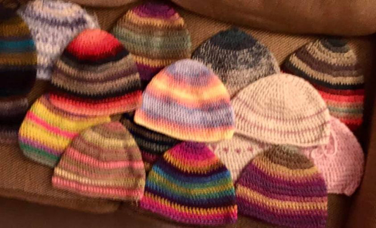 The ferociously
crocheting collection of hats.